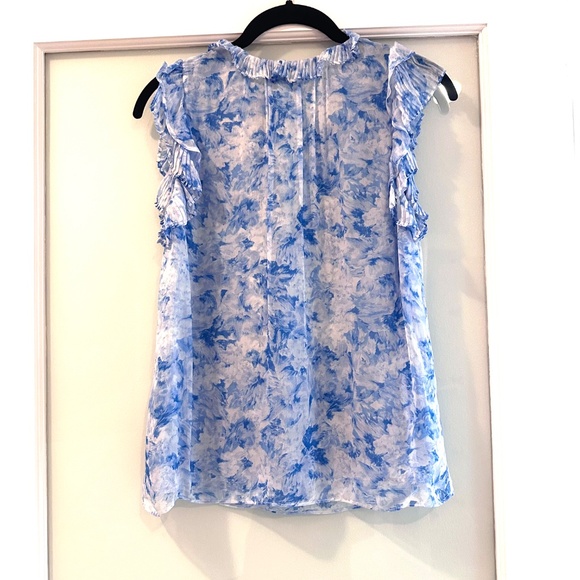 Intermix Blue & White Floral Silk Ruffle Sleeveless Blouse Top with Tie Front S - Picture 2 of 7